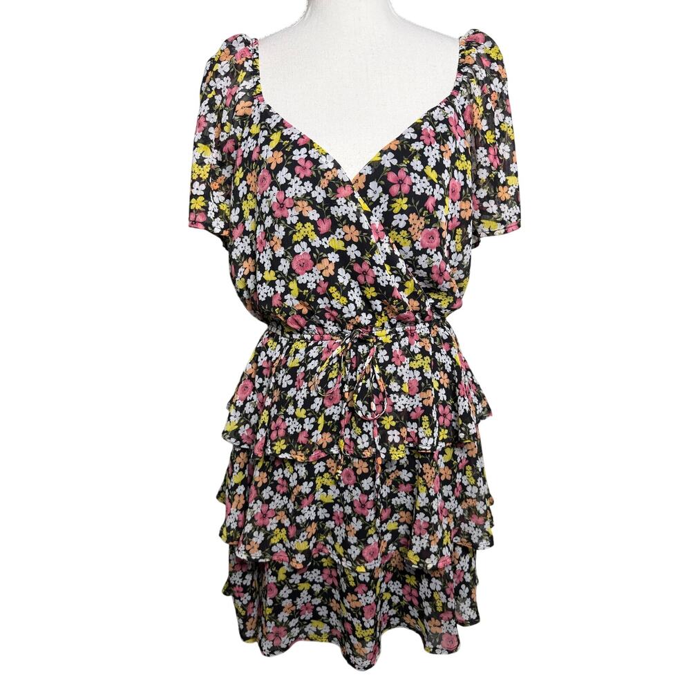 Trixxi Floral Tiered Ruffle Mini Dress Surplice V-Neck Tie Waist Medium